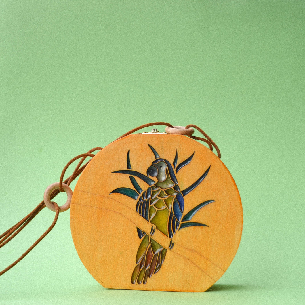 spisidda design borsa di legno artigianale pappagallo